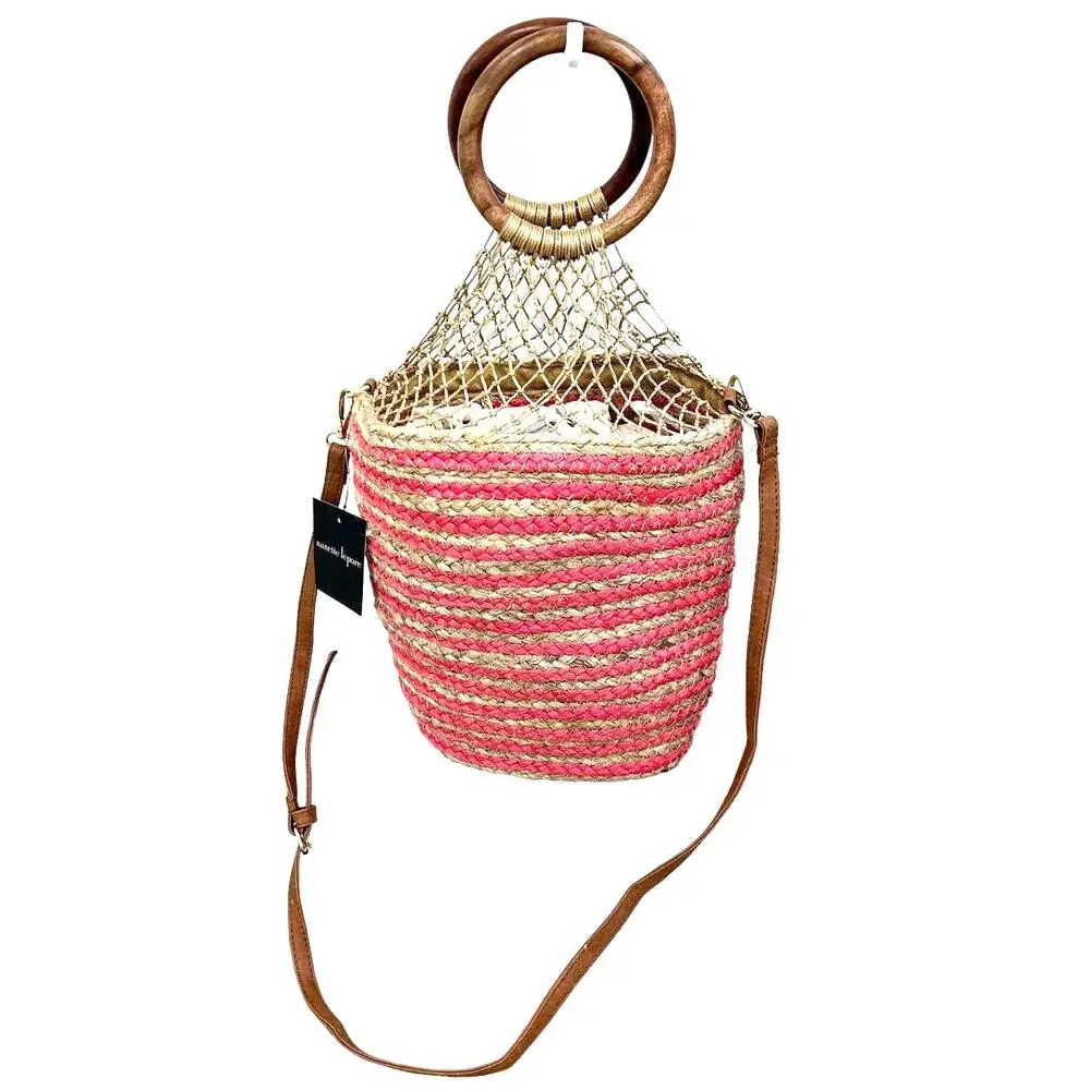 NWT Nanette Lepore Clemintine Jute Bucket Shoulder Bag Berry Coral